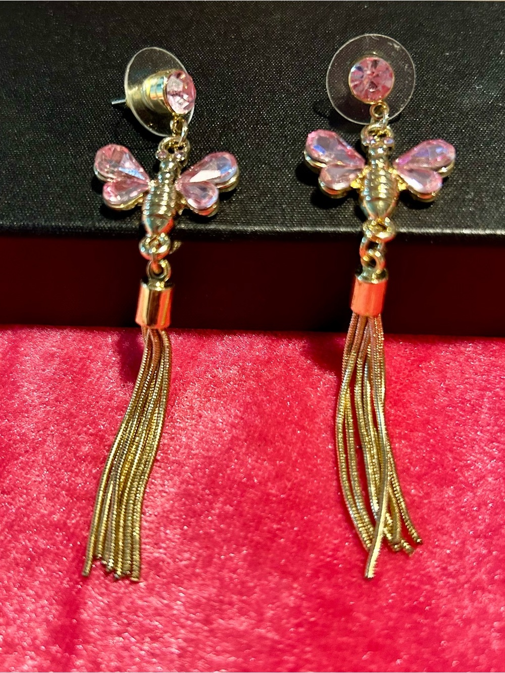 Gold Bumblebee Tassel Drop Earrings with Pink Crystal Accents